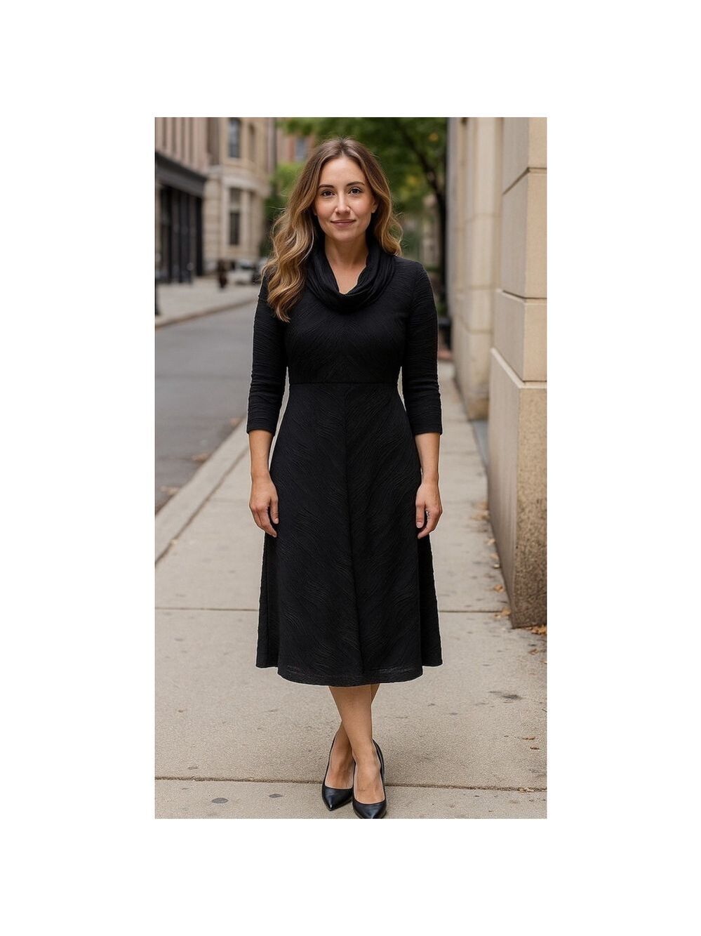 IC by Connie K textured Midi Dress Small Cowl Neck Stretch Lagenlook Luxury Work